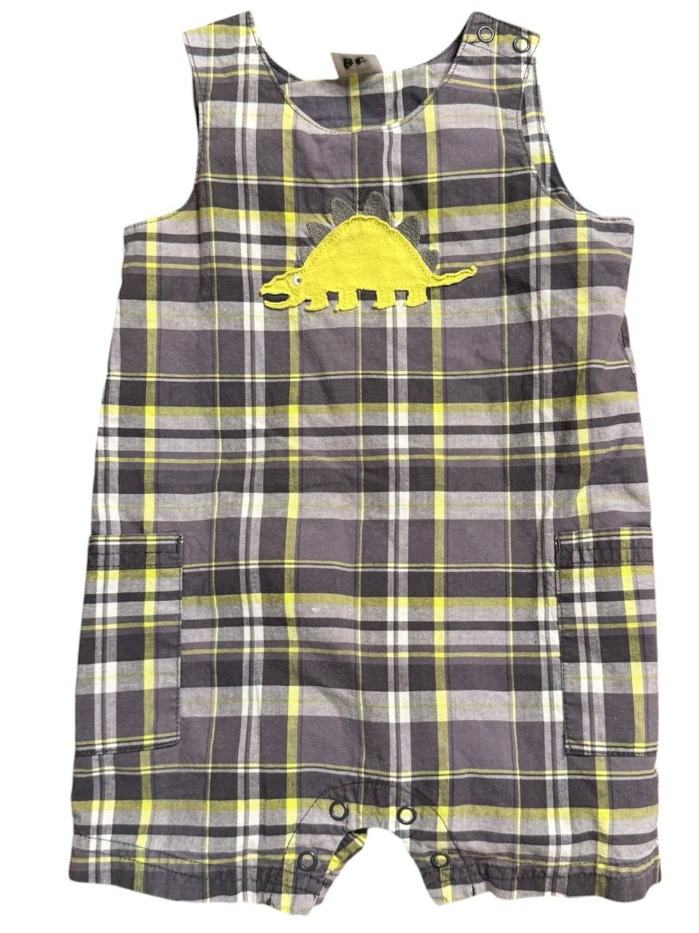 Vintage Carter’s Gray Plaid Dinosaur Appliqué Shortall Romper 12 Months Cotton